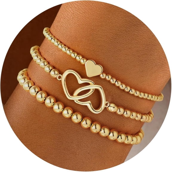 Terandius Women’s 3PCS 14K Gold Plated Beaded Stretch Bracelet Set, Stackable Gold Ball Bracelets with Heart Charms, Waterproof Tarnish Resistant Hypoallergenic Jewelry Gift for Women Teen