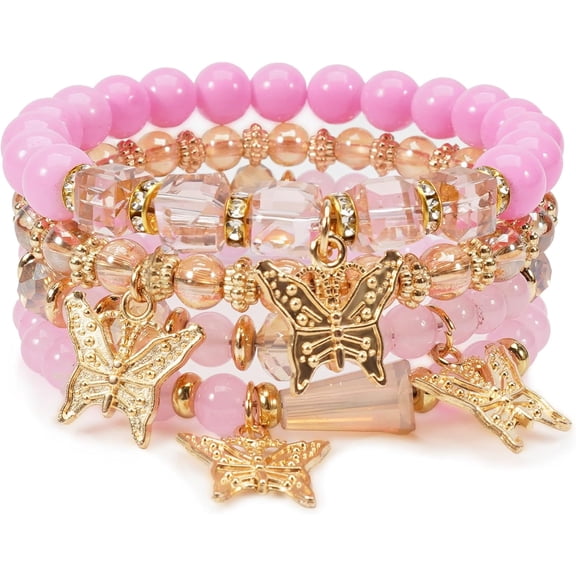 Terandius Women’s 4-Piece Butterfly Charm Beaded Bracelet Set, Y2K Stackable Stretch Bracelets with Cute Butterfly Charms, Layered Fashion Jewelry Gift for Women