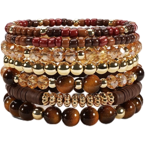 Terandius Women’s 7-Piece Boho Stackable Bracelet Set, Vintage Crystal Beaded Bracelets with Resin Beads & Gold Tone Accents, Layered Hippie Fashion Jewelry Gift