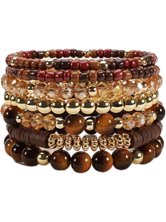 Women’s 7-Piece Boho Stackable Bracelet Set, Vintage Crystal Beaded Bracelets with Resin Beads & Gold Tone Accents, Layered Hippie Fashion Jewelry Gift