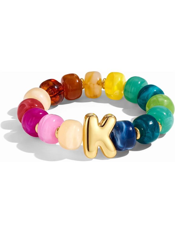 Women’s Colorful Chunky Beaded Bracelet, Bubble Letter Charm Resin Bead Stretch Bracelet, Rainbow Boho Statement Jewelry for Women, Summer Beach Fashion Gift