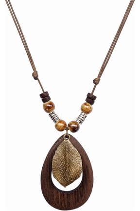 Wooden Teardrop Pendant Necklace for Women - Adjustable 19-35in Boho Brown Wax Cord with Ceramic Beads, Handmade Rustic Jewelry for Fall & Nature Lovers, Gift for Her