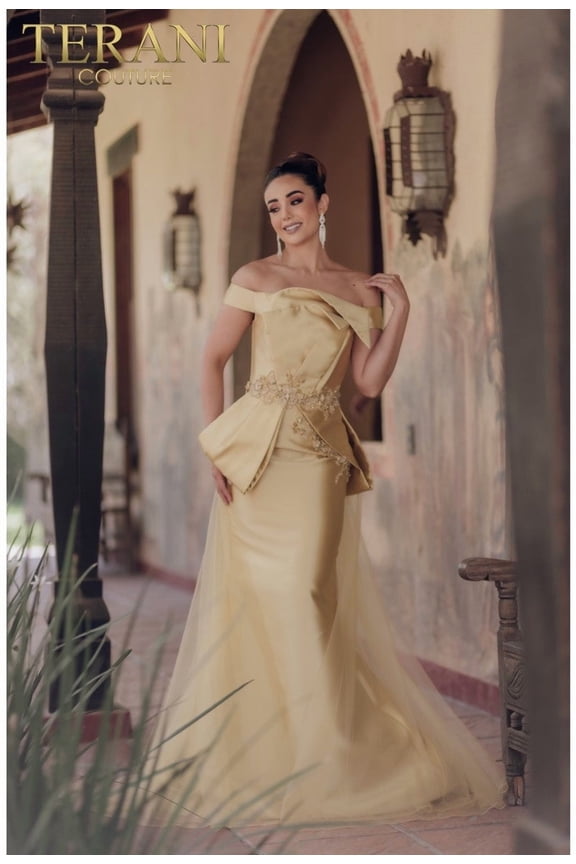 Women's Terani Couture 232E1241 Strapless Mermaid Prom 2026 Dress with Overskirt Gold 16