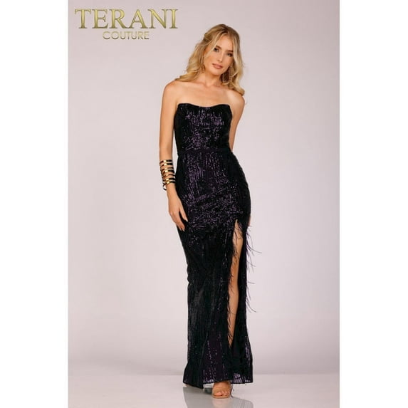 Terani Couture 231P0030 Sequin Feather Embellished Long Formal Prom 2026 Dress Eggplant 8