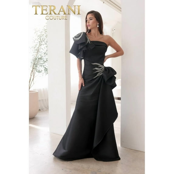 Women's Terani Couture 242e3117 Stretch Bodycon Mikado One Shoulder Long Column Dress Black 14