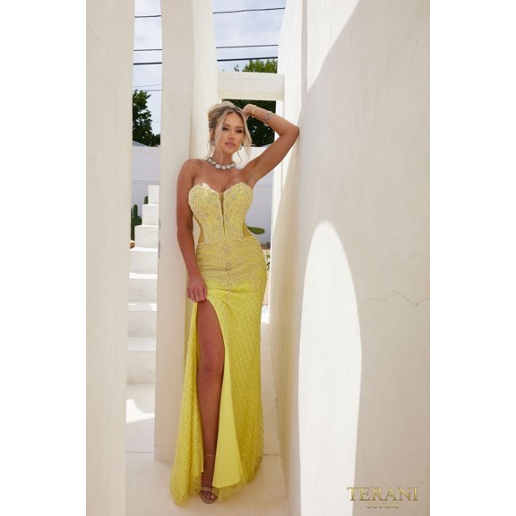 Terani Couture 241P2208 Long Bodycon Prom 2026 Dress with Slit Yellow 4