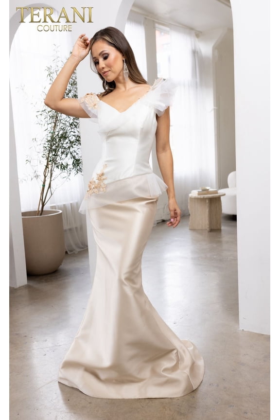 Women's Terani Couture 241E2478 One Shoulder Trumpet Long Formal evening elegant Gown Ivory Champagne Goldish Beige 16