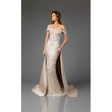 Women's Terani Couture 251E3233 Champagne Goldish Beige Off the Shoulder Prom 2026 Dress | Long Beaded evening elegant Gown 10