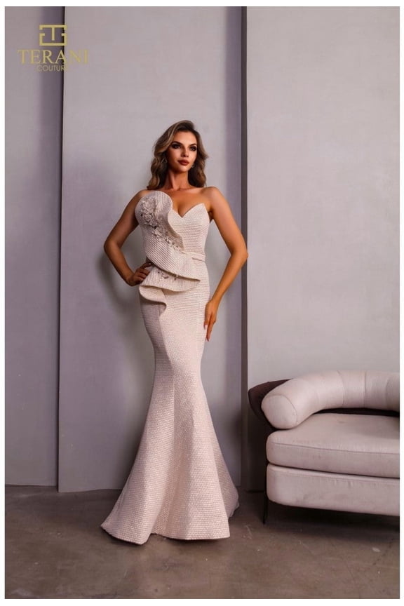 Women's Terani Couture 242M3329 Elegant Long Mermaid Formal evening Gown Champagne Goldish Beige 22