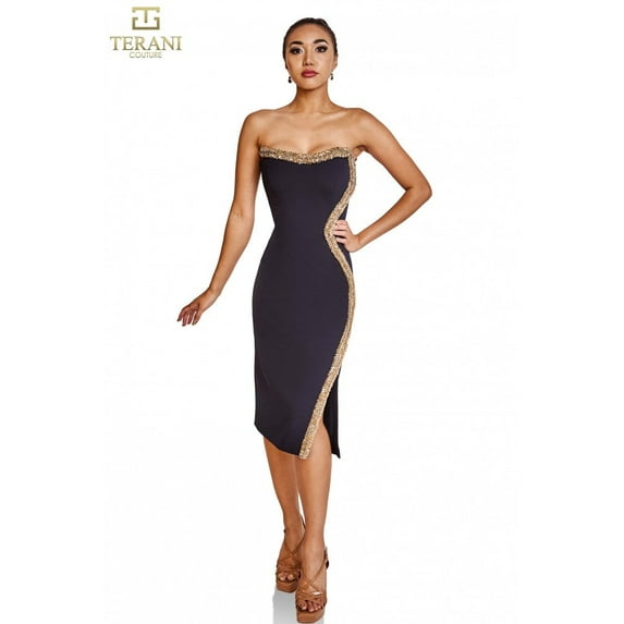 Terani Couture 251c4165 Bodycon Strapless Slit Knee Length Semi Formal Cocktail Dress Navy Blue Gold 20
