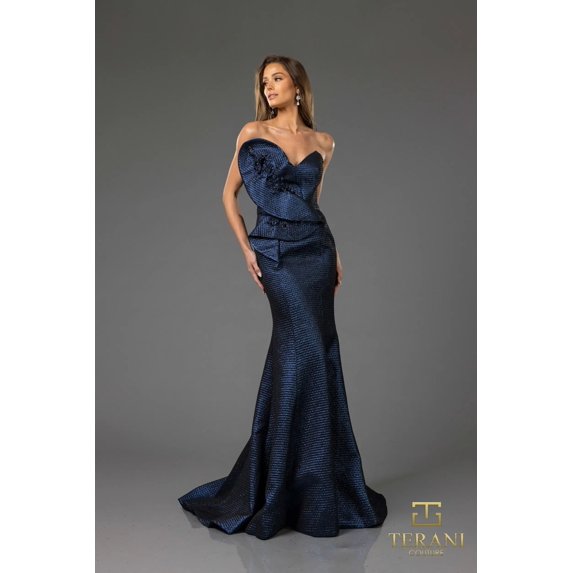 Terani Couture 251e4283 Sleeveless Crepe Back Satin Long Mermaid evening elegant Dress Navy Blue 2