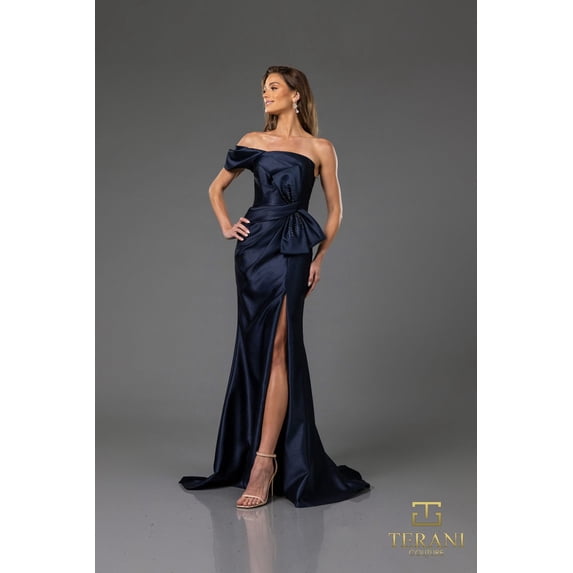 Terani Couture 251e4555 Fit And Flare Sleeveless Satin evening elegant Dress Navy Blue 10