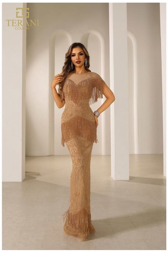 Women's Terani Couture 251GL4349 Elegant Fitted Bodycon Long evening Gown Gold 14