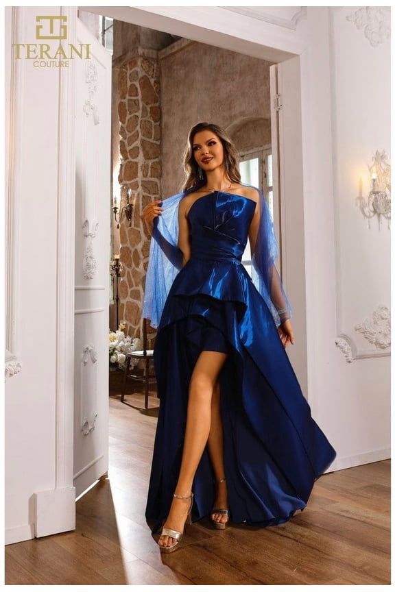 Terani Couture 251p4054 Assyemtric Shimmer Strapless Long Prom 2026 Dress Indigo 2