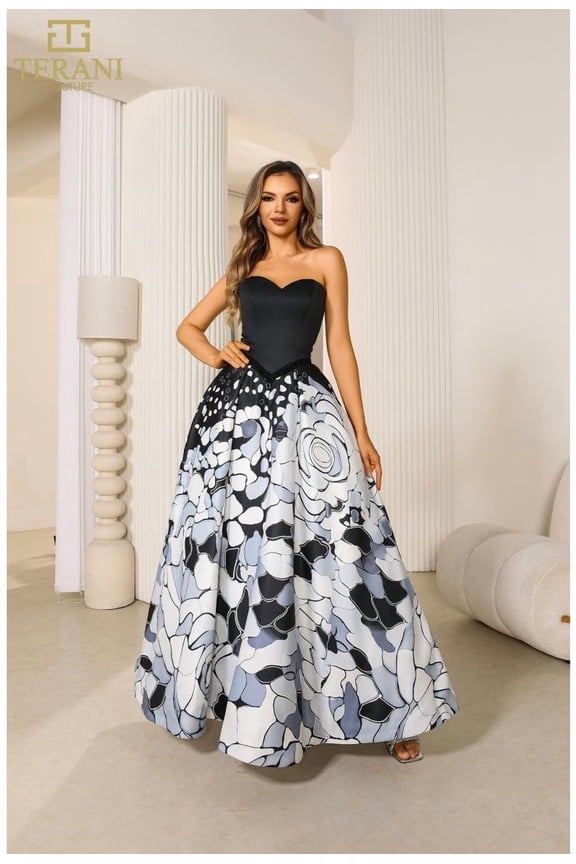 251p4373 Print Summer Mikado Sleeveless Long Ballgown Prom 2026 Dress Black-multi 6