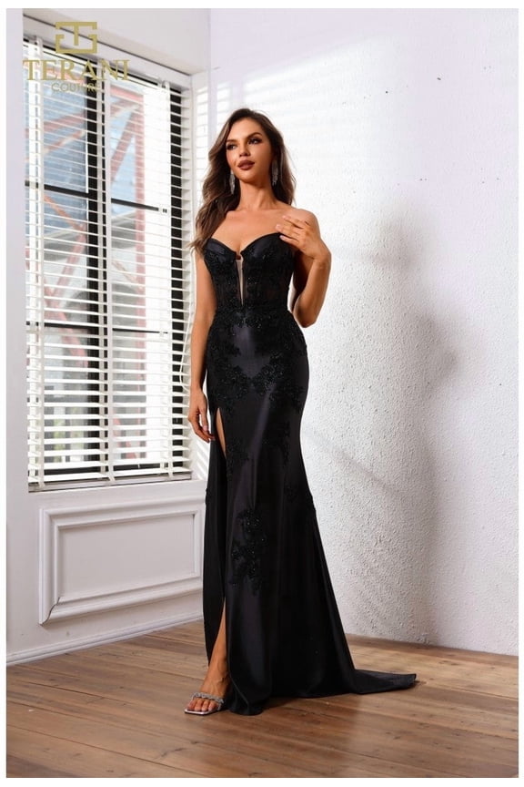 251p4541 Sweetheart Strapless Side Slit Bodycon Dress Black 10