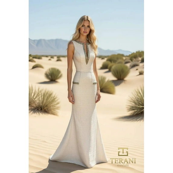 Terani Couture 252e5119 Metallic Glamour Long evening elegant Gown Cream 2