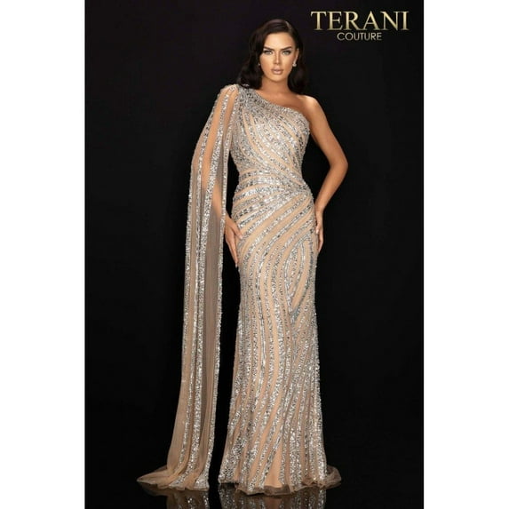 Terani Couture Asymmetrical Beaded One ShouldeChristmas - New Year Holiday Red Cape Pageant Gown 2012gl23906 Nude