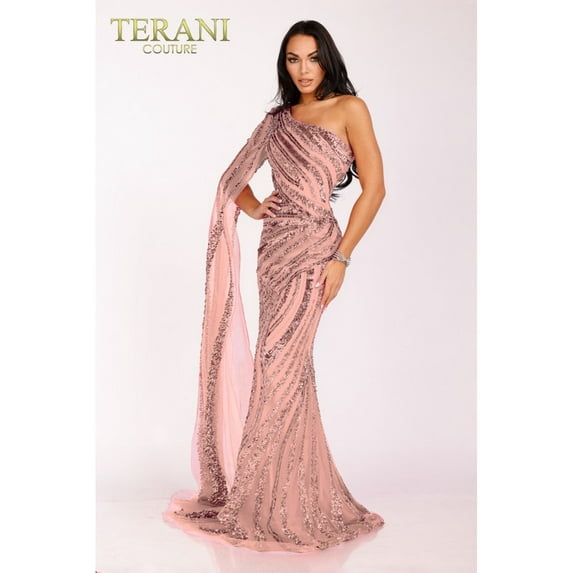 Terani Couture Asymmetrical Beaded One Shouldered Cape Pageant Gown 2012gl2390 Blush Pink 4