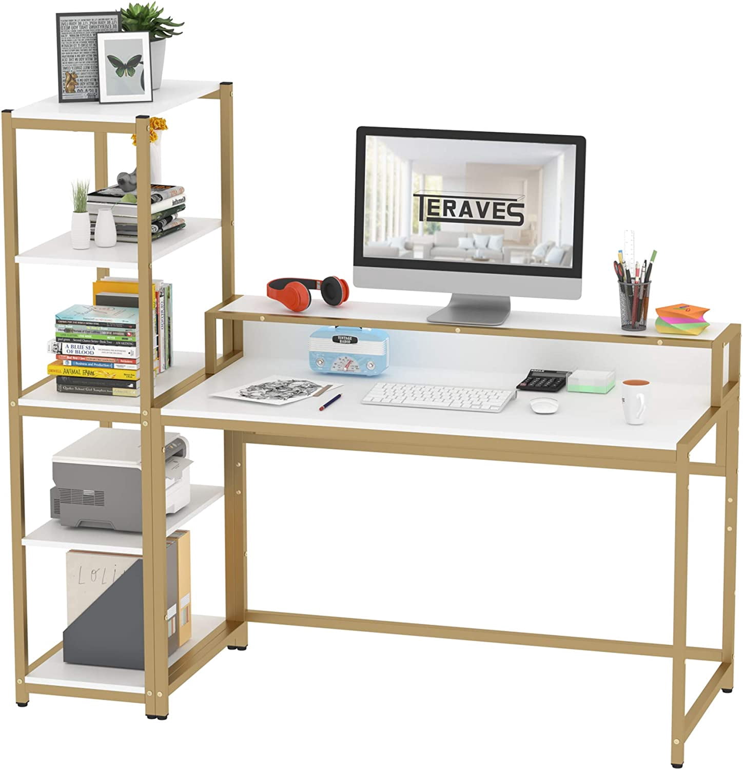 Teraves Computer Desk with 5 Tier Shelves,Reversible Writing Desk with ...