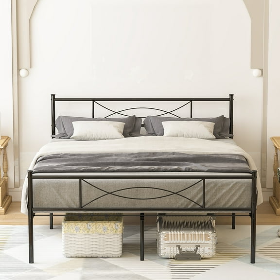 Teraves Full Size Metal Bed Frame Platform Headboard Steel Foundation Bedroom Black