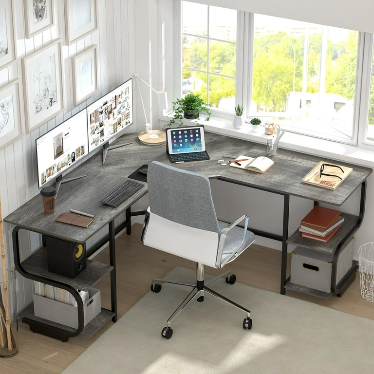 Teraves L-Shaped Computer Desk Large Corner Writing Table with Bookshelves,  Oak