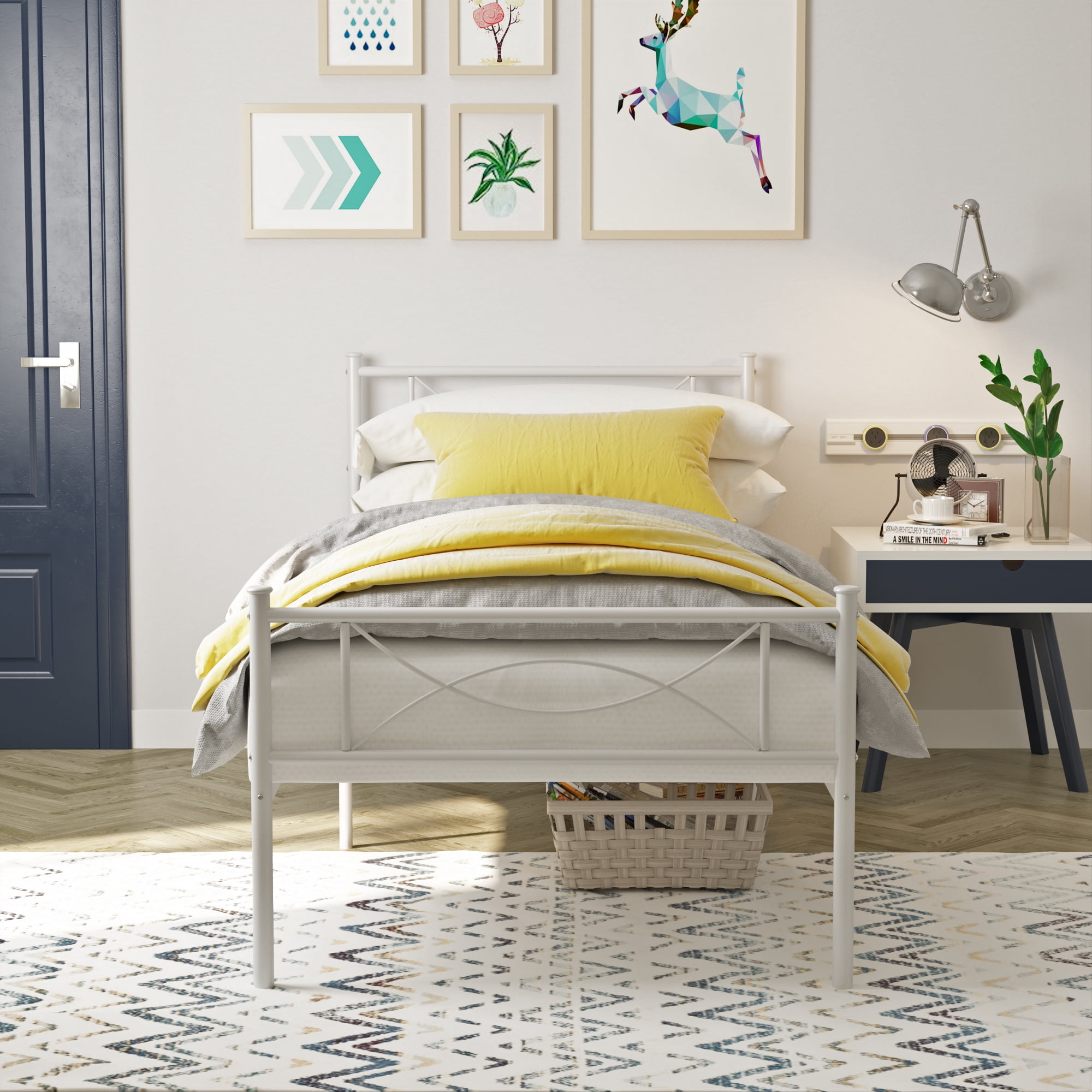 Teraves Twin Kids Bed Frame Metal Platform Bed with Headboard