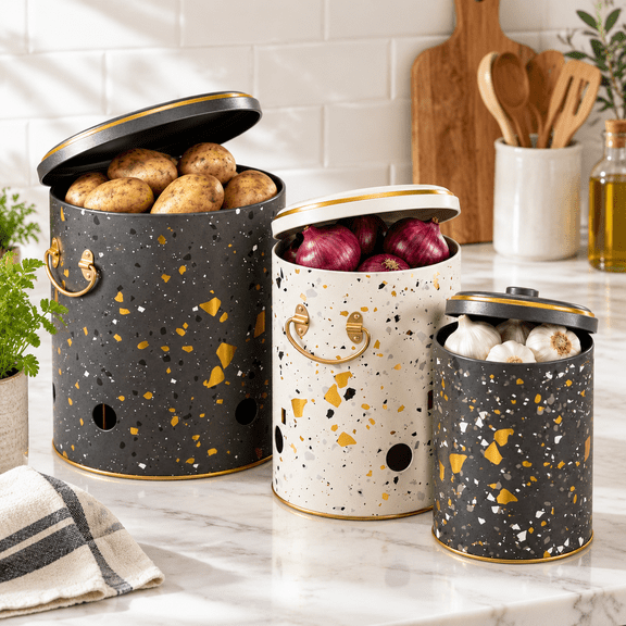 Terazzo-Potato, Onion, Garlic Set Metal 3-Piece Farmhouse Pantry Vegetable Storage