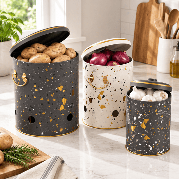 Terazzo-Potato, Onion, Garlic Set Metal Food Storage Canisters, 3-Piece Farmhouse Rustic Vegetable Containers