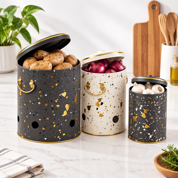 Terazzo-Potato, Onion, Garlic Set Metal Food Storage Canisters for Kitchen Pantry Organization