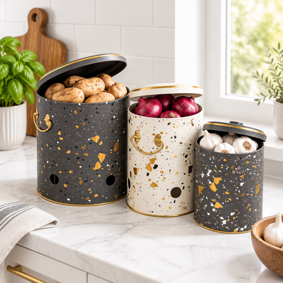 Terazzo-Potato, Onion, Garlic Set Metal Vegetable Storage Bins 3-Piece for Kitchen Organization