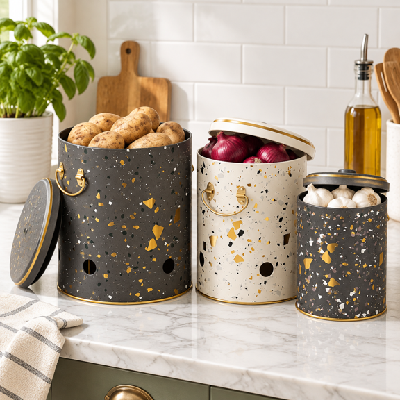 Terazzo-Potato, Onion, Garlic Set Metal Vegetable Storage Bins 3-Piece for Kitchen Organization