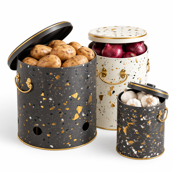 Terazzo-Potato, Onion, Garlic Set Metal Vegetable Storage Bins for Kitchen Organization