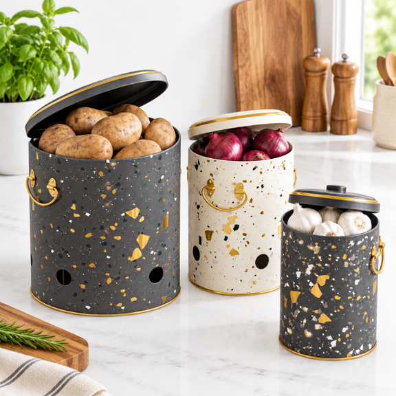 Terazzo-Potato, Onion, Garlic Set Metal Vegetable Storage Bins for Kitchen Organization