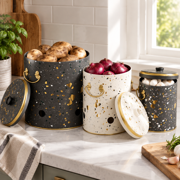 Terazzo-Potato, Onion, Garlic Set Metal Vegetable Storage Containers for Kitchen Organization