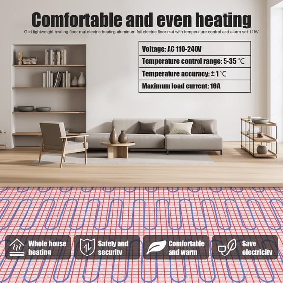 Tereitr 110V 5-35 Floor Heating Pad with Digital Programmable Thermostat and Adhesive Back, Four Temperature Control Modes Uniform Heating Underfloor Heating Mat