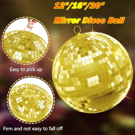 Tereitr 12" Mirror Disco Ball for Party & Decor, Glass Mirror Ball with Hanging Ring, Create Dynamic Light Effects for Wedding, Club, Stage, Home (Golden)
