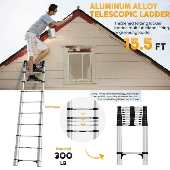 Tereitr 15.5ft Telescoping Ladder, 330lbs Capacity Stainless Steel Extension Ladder, Multi-Position Locking Safety, Collapsible Folding Ladder for Home, RV, Outdoor