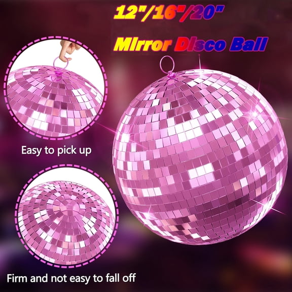 Tereitr 16" Mirror Disco Ball for Party & Decor, Glass Mirror Ball with Hanging Ring, Create Dynamic Light Effects for Wedding, Club, Stage, Home (Pink)