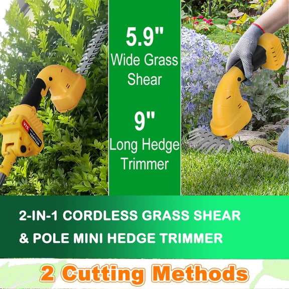 Tereitr 2-In-1 Cordless Grass Shear & Mini Hedge Trimmer, 21V Electric Hedge Cutter with Extension Pole, Bush Trimmer with Battery and Charger for High/Low Trimming