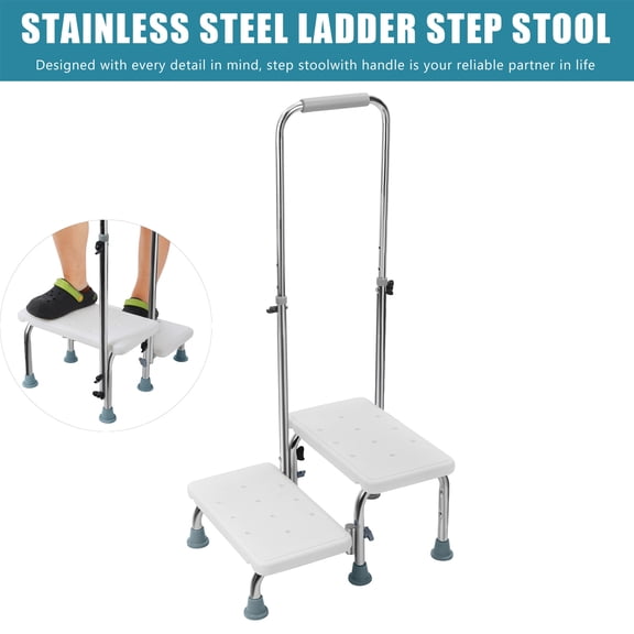 Tereitr 2-Step Bedside Step Stool with Adjustable Handle, Heavy Duty Portable Foot Stool for Seniors & Adults, 352 lbs Capacity