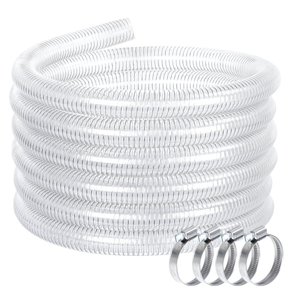 Tereitr 25FT Wire Reinforced Hose with 4 Clamps, Heavy Duty Dust Collection Suction Flexible Vinyl Tubing, High Pressure Drain Water Fuel Oil Powder Clear PVC Pipe