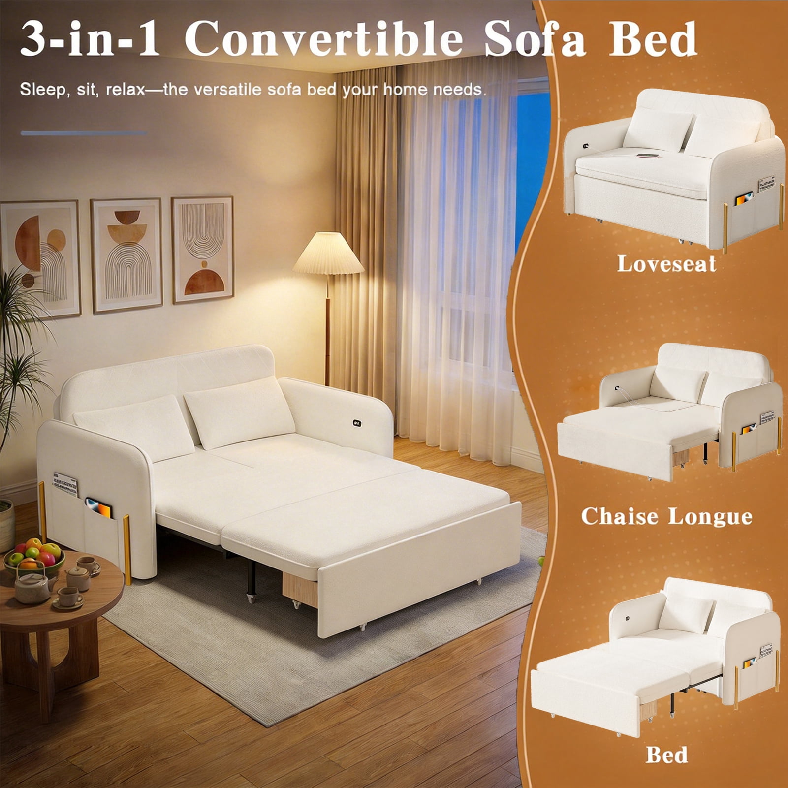 Tereitr 3 in 1 Convertible Sofa Bed with Storage Drawer, Boucle ...