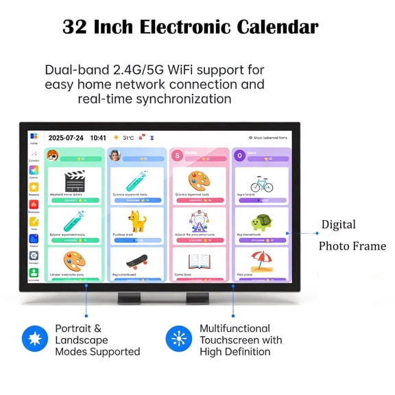 Tereitr 32 Inch Smart Digital Calendar Family Organizer, Wall Mount Touchscreen Interactive Display with Chore Chart, Meal Planner, WiFi Connectivity, Digital Photo Frame, 1920x1080 IPS