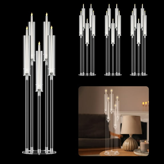 Tereitr 4-Pack Clear Acrylic 5-Branch Candelabra Centerpieces with LED Candles & Shades, Tall Candelabra Holders for Wedding, Dinner Party Table Decor