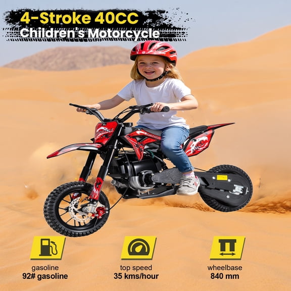 Tereitr 40cc 4 Stroke Gas Powered Kids Mini Dirt Bike, Motor Bike, 10 Inch Off Road Tires with Front Rear Disc Brakes, 22 mph Max Speed, 265 lbs Capacity Youth Motorcycle