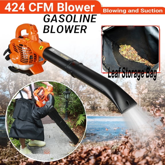 Tereitr 424 CFM Handheld Blower with Blowing & Suction Function, 26CC 2-Stroke Gas Leaf Blower, Includes Straight and Curved Pipes for Yard, Road, and Snow Cleaning
