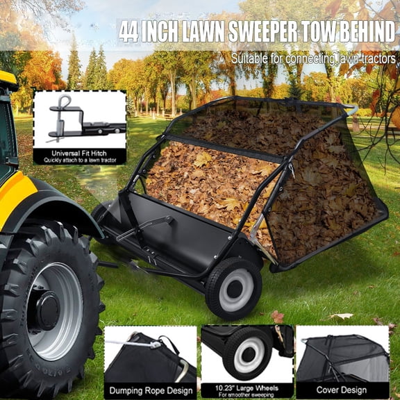 Tereitr 44-Inch Tow Behind Lawn Sweeper, Adjustable Height Heavy Duty Leaf Grass Collector with 25 cu ft Hopper, Dumping Rope & Rubber Wheels for Tractor or Lawn Mower