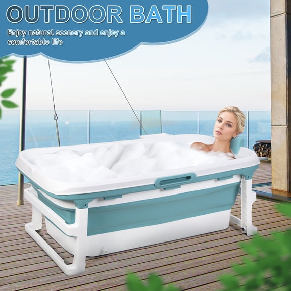 Tereitr 51" Portable Folding Bathtub, Freestanding Large Collapsible Bath Tub, with Thermal Cover, Massage Roller, Handle