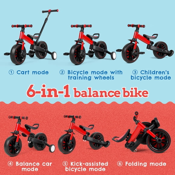 Tereitr 6 in 1 Folding Balance Bike for Kids Ages 2-5, Toddler Push Bike with Parent Handle, Training Wheels & Pedals, Adjustable Seat, Brakes & Kickstand, Boys Girls Learning to Ride